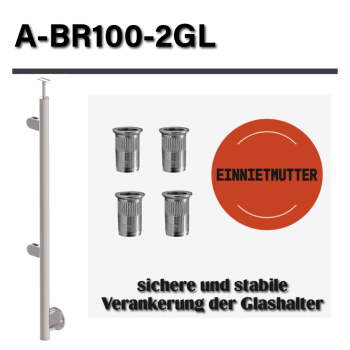 Edelstahl Geländerpfosten links Ø42,4 Bauhöhe 1000mm mit 2x Glasklemmen 63x45mm vorgesetzt Geländer V2A